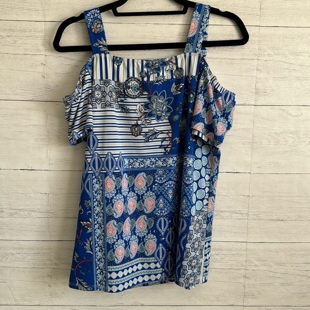 Jonathan Martin Floral Blue Cold Shoulder Blouse |  SIZE L